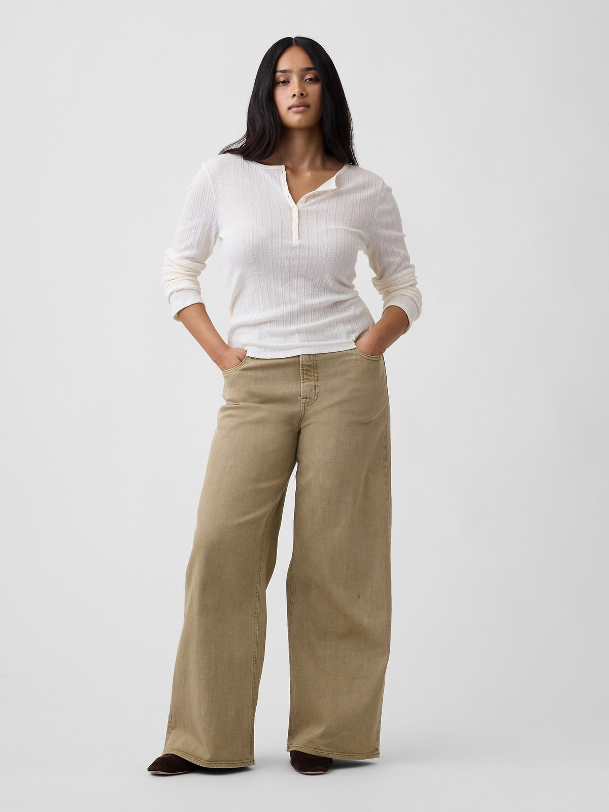 Bej Mid Rise Wide-leg Jean Pantolon
