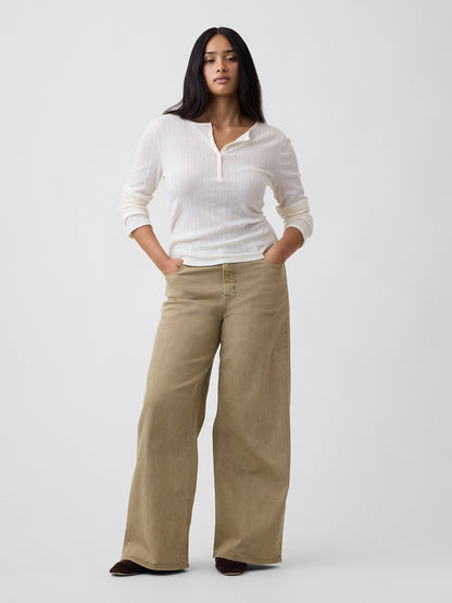 Bej Mid Rise Wide-leg Jean Pantolon