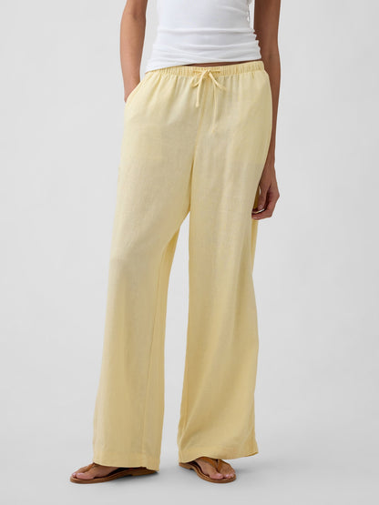 Sarı Relaxed Keten Karışımlı Wide-leg Pantolon