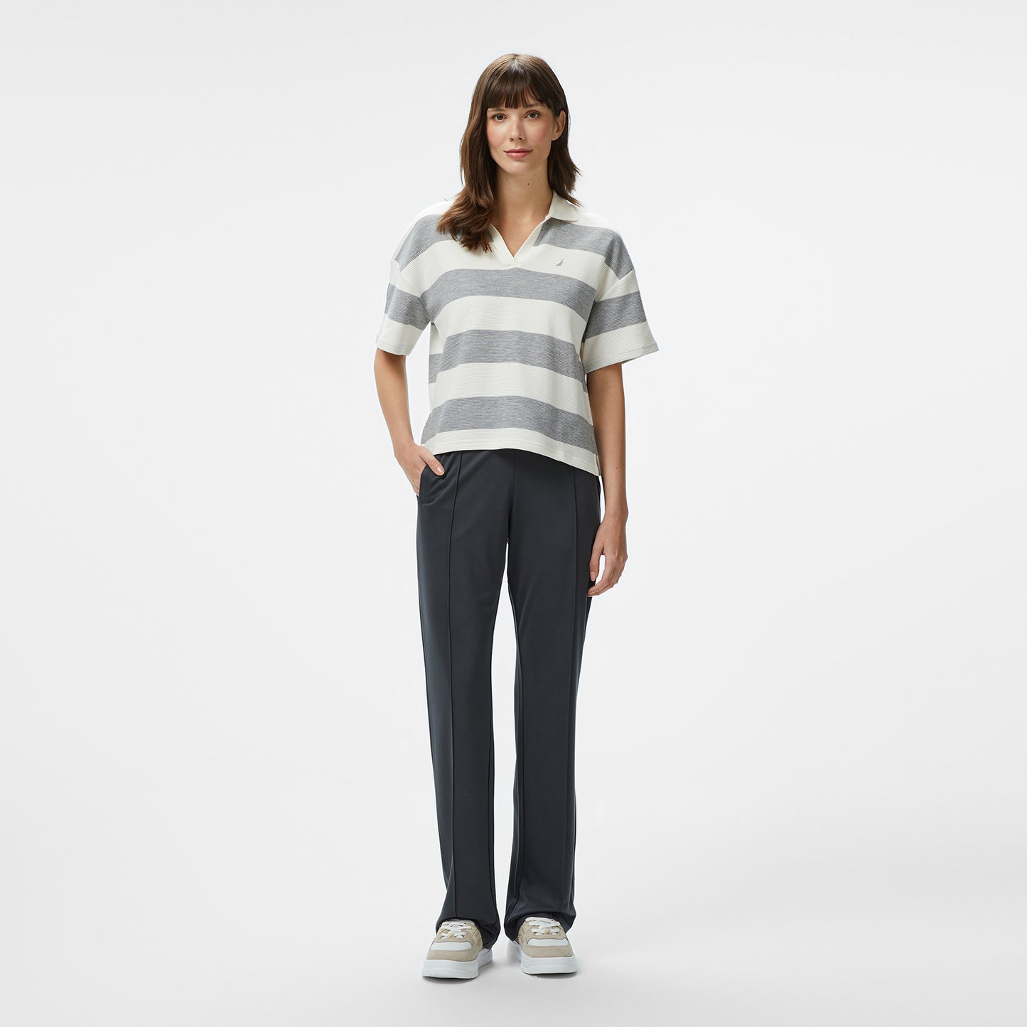 Nautica Kadın Gri Regular Fit Çizgili Polo Yaka T-shirt