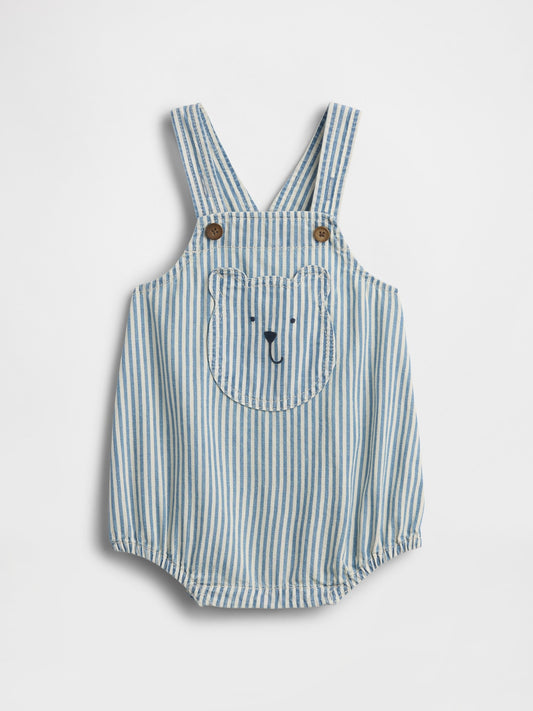 Açık Mavi Denim Çizgili Ayı Cepli Balon Tulum