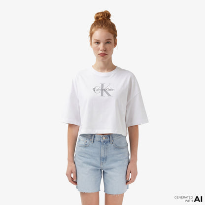 Calvin Klein Boxy Crop Monologo Kadın Beyaz T-shirt