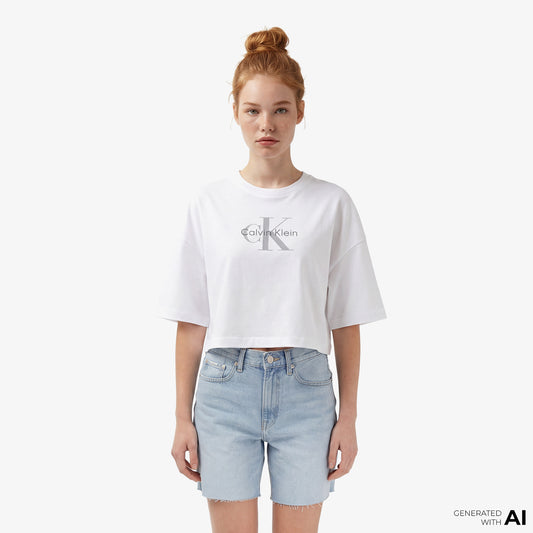 Calvin Klein Boxy Crop Monologo Kadın Beyaz T-shirt