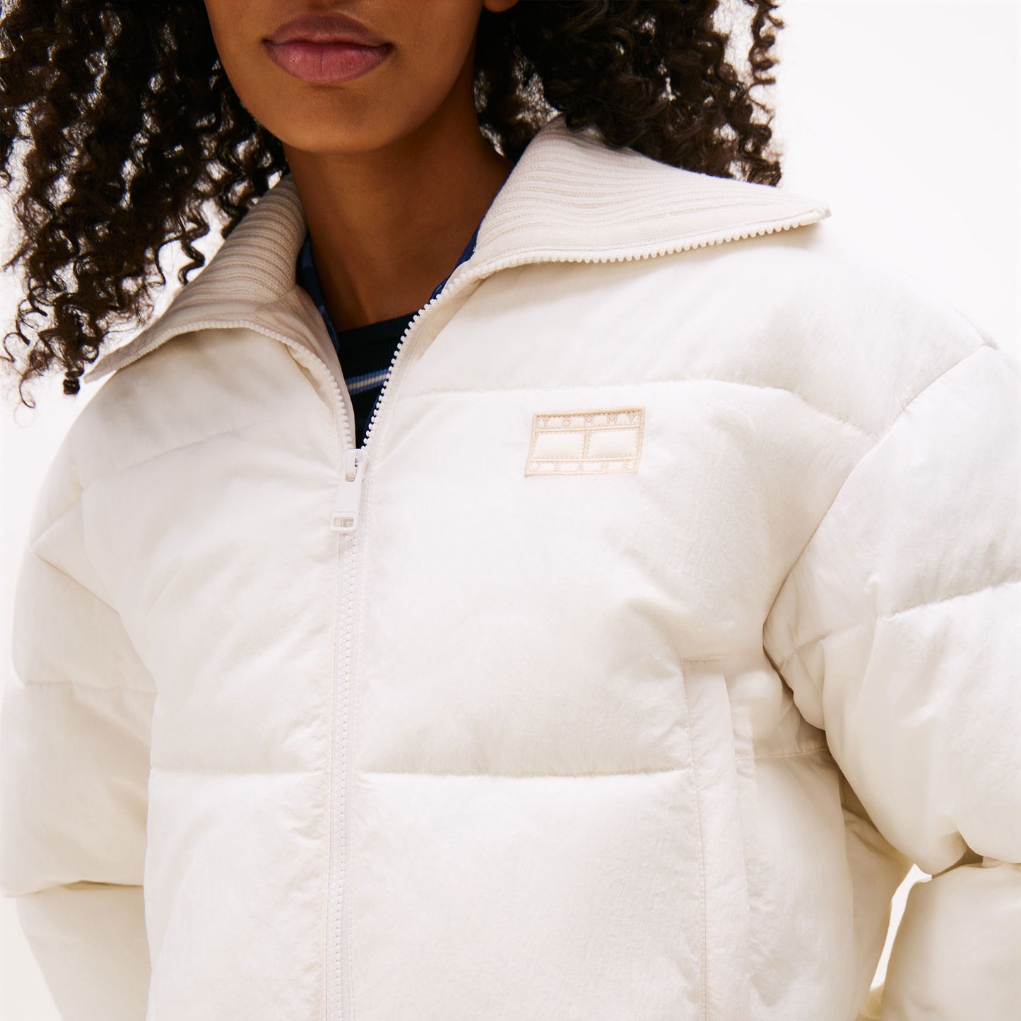 Tommy Hilfiger Crop Ribbed Detail Puffer Kadın Beyaz Mont