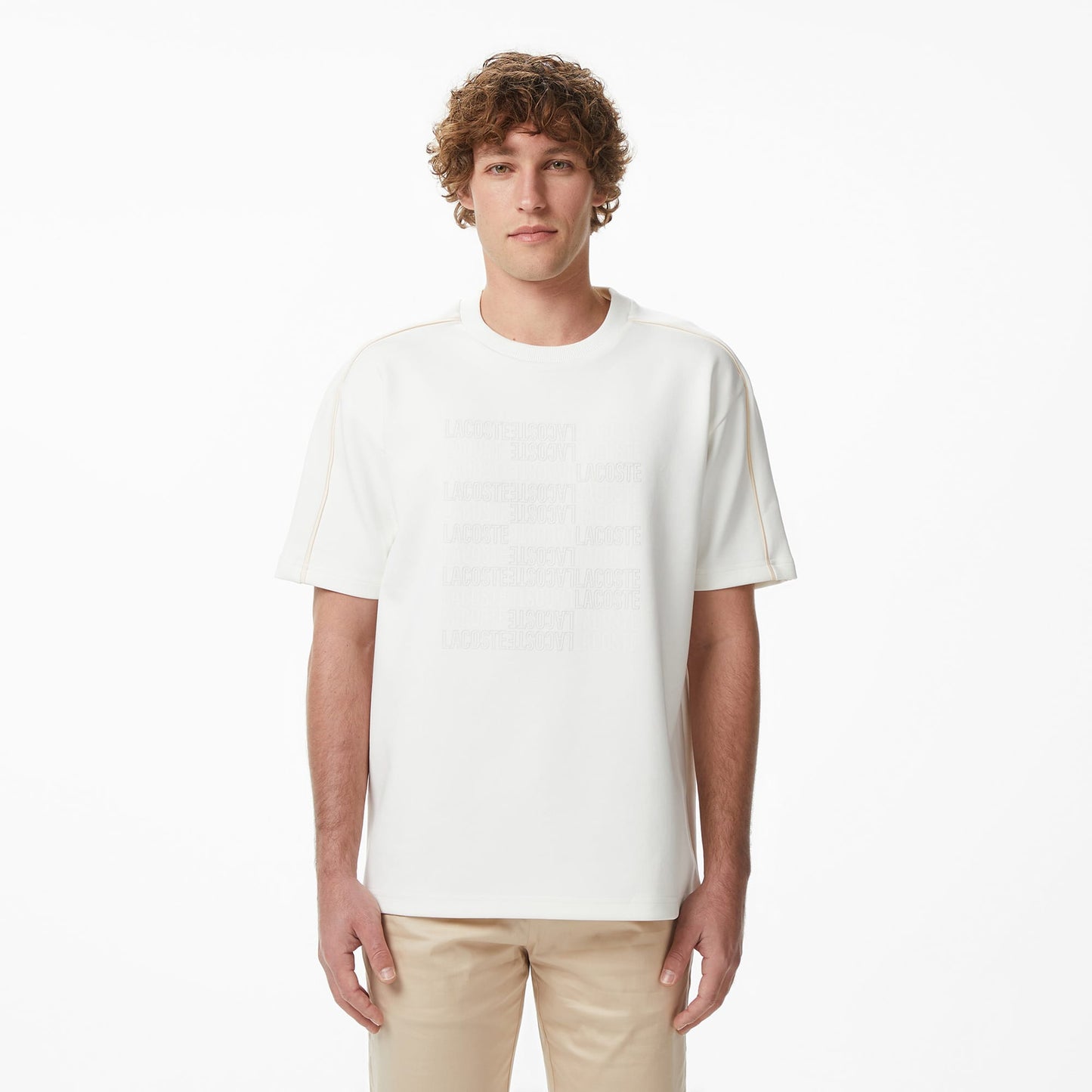 Lacoste Erkek Relaxed Fit Bisiklet Yaka Baskılı Krem T-shirt
