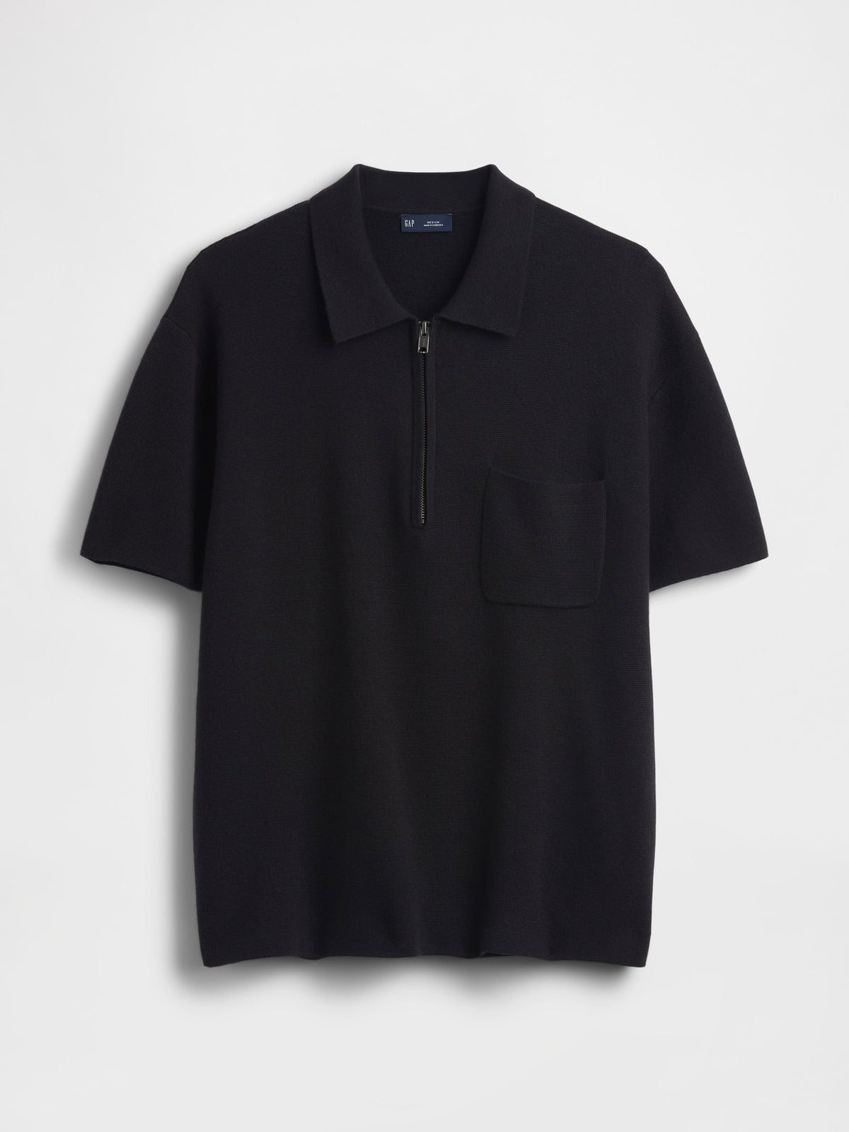 Siyah Oversized Yarım Fermuarlı Cepli Triko Polo T-shirt