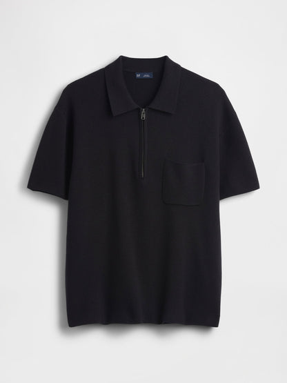 Siyah Oversized Yarım Fermuarlı Cepli Triko Polo T-shirt