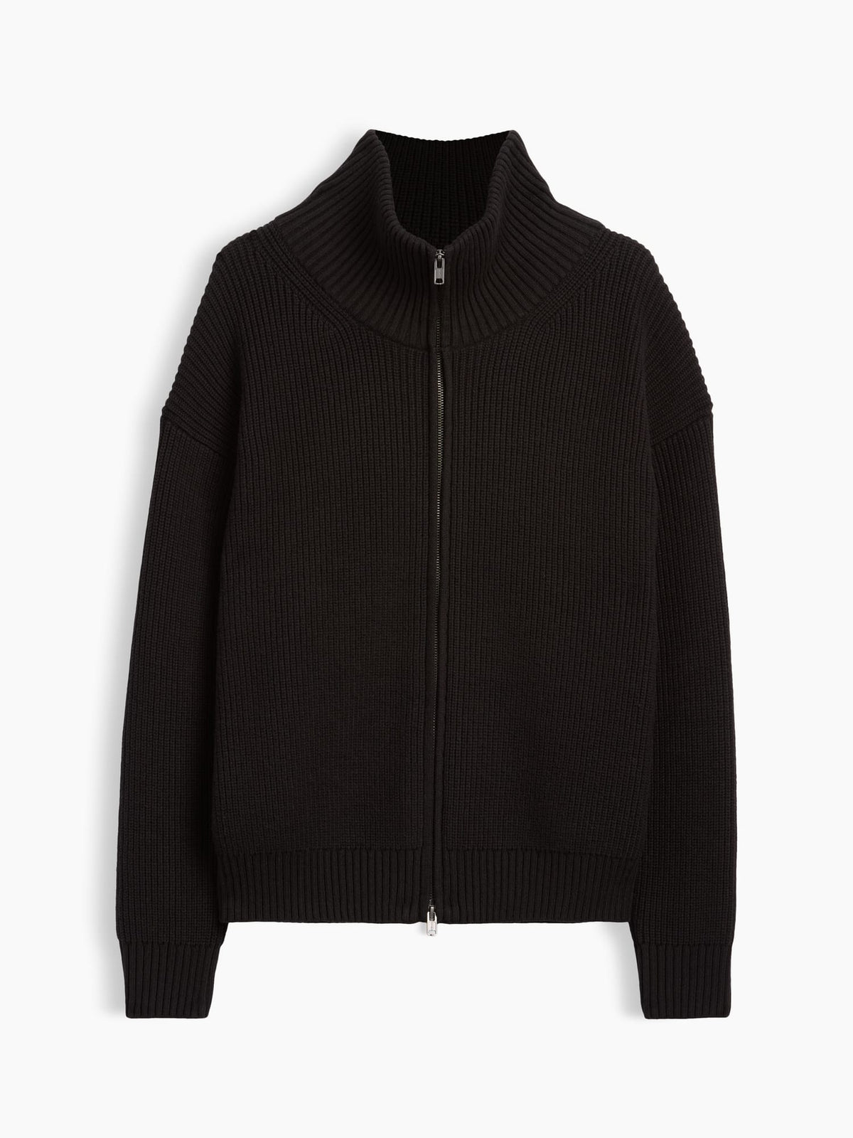 Siyah Oversized Ikili Fermuarlı Triko Hırka