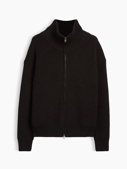 Siyah Oversized Ikili Fermuarlı Triko Hırka