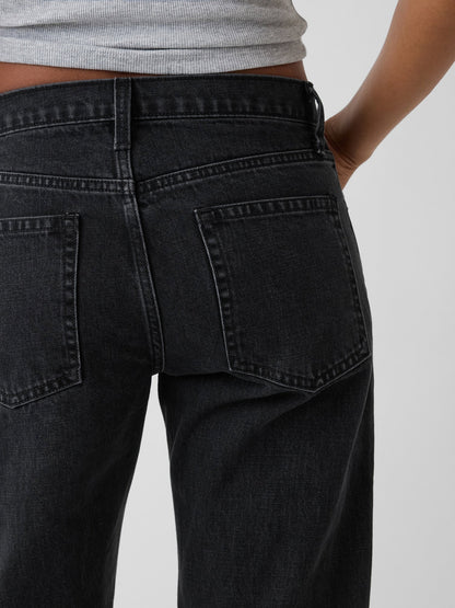 Siyah Mid Rise Straight Taper Jean Pantolon