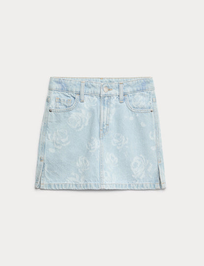 Gül Desenli Denim Etek