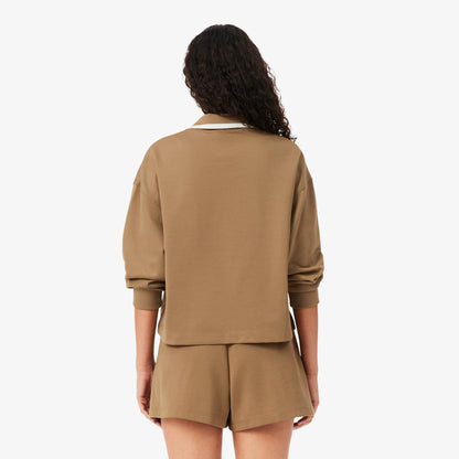 Lacoste Kadın Oversize Fit Polo Yaka Kahverengi Sweatshirt