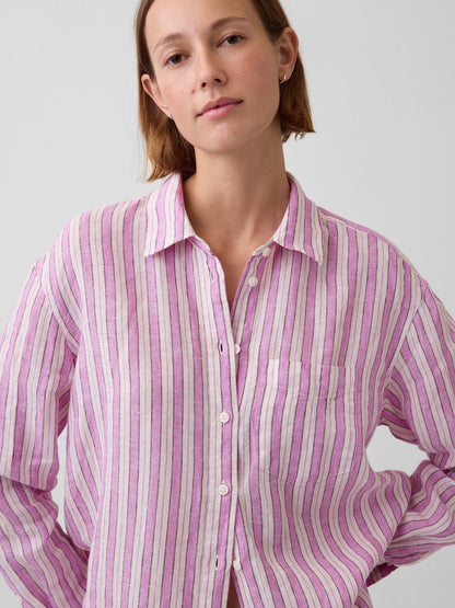 Pembe 100% Keten Oversize Gömlek