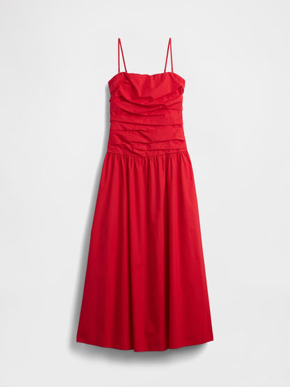 Kırmızı Poplin Drop-waist Maxi Elbise