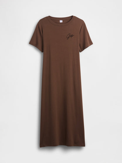 Kahverengi Relaxed Gap Logo Cutout T-shirt Midi Elbise