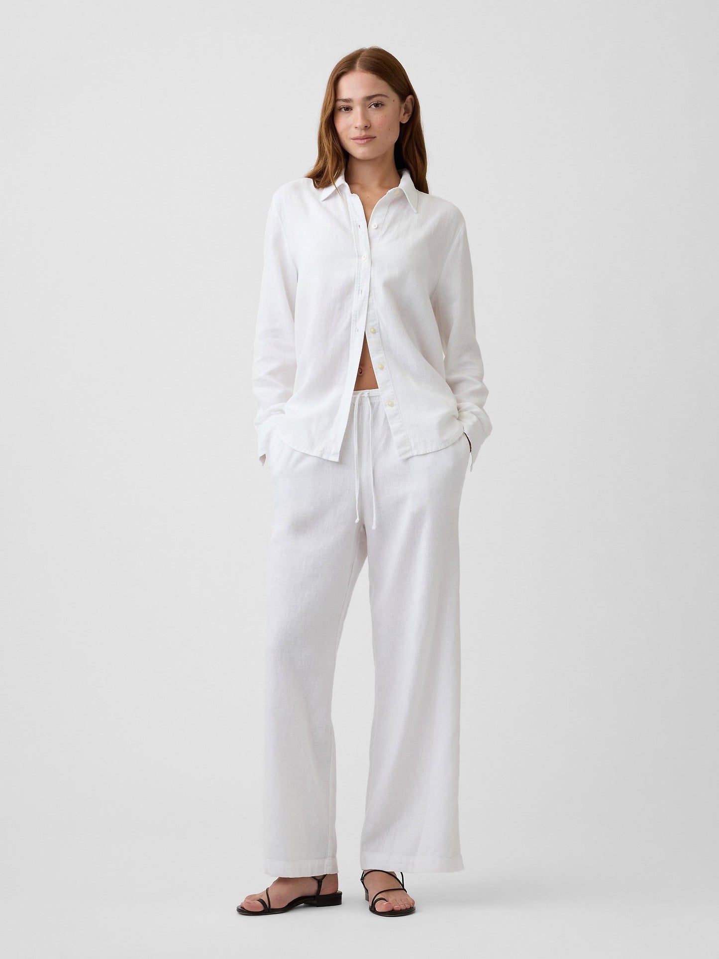 Beyaz Relaxed Keten Karışımlı Wide-leg Pantolon