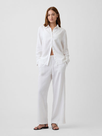 Beyaz Relaxed Keten Karışımlı Wide-leg Pantolon