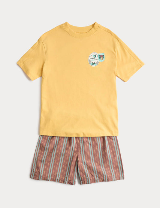 Çocuk Grafik Baskılı Çizgili Şortlu Pijama Takımı