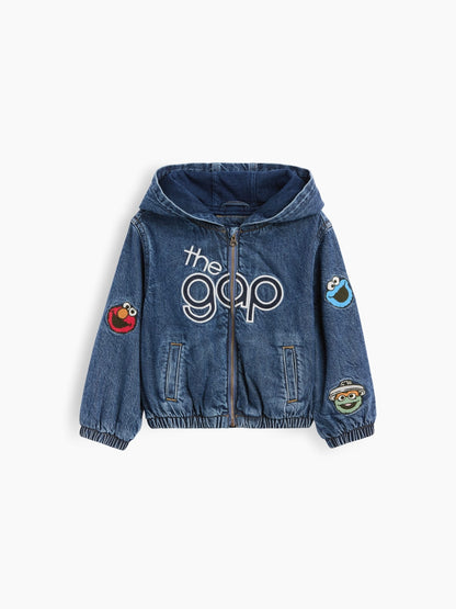 Koyu Mavi Sesame Street Denim Kapüşonlu Ceket