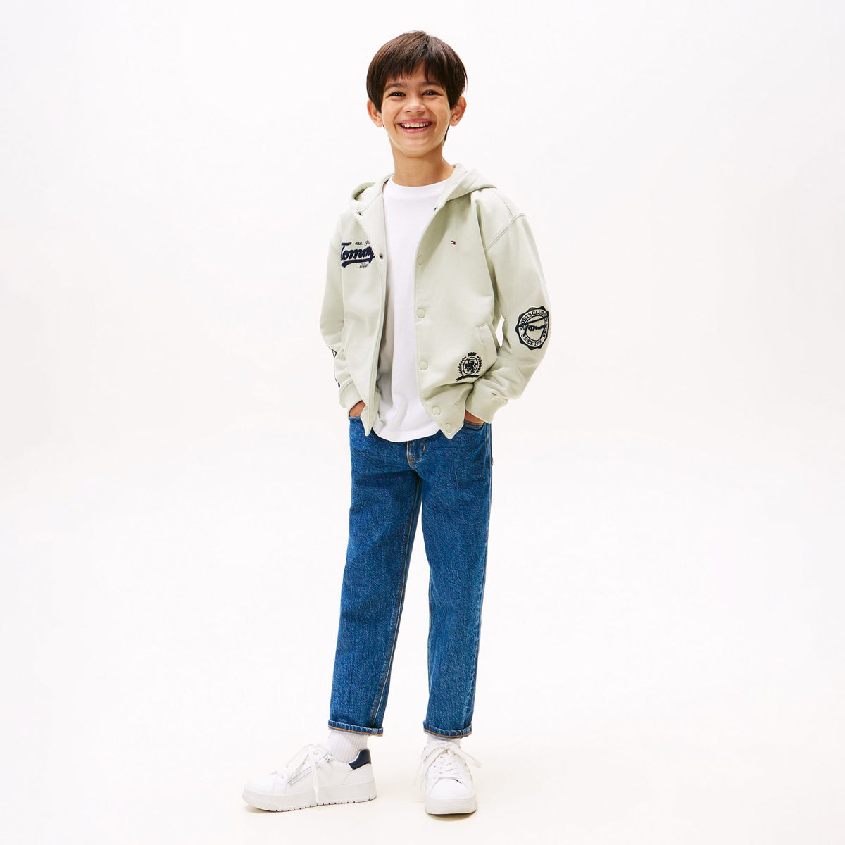 Tommy Hilfiger Varsity Graphic Snap Button Çocuk Bej Sweatshirt