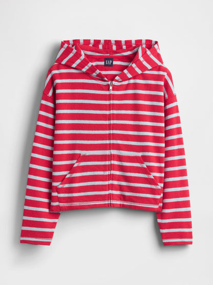Kırmızı Havlu Terry Oversized Çizgili Fermuarlı Sweatshirt