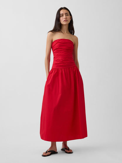 Kırmızı Poplin Drop-waist Maxi Elbise