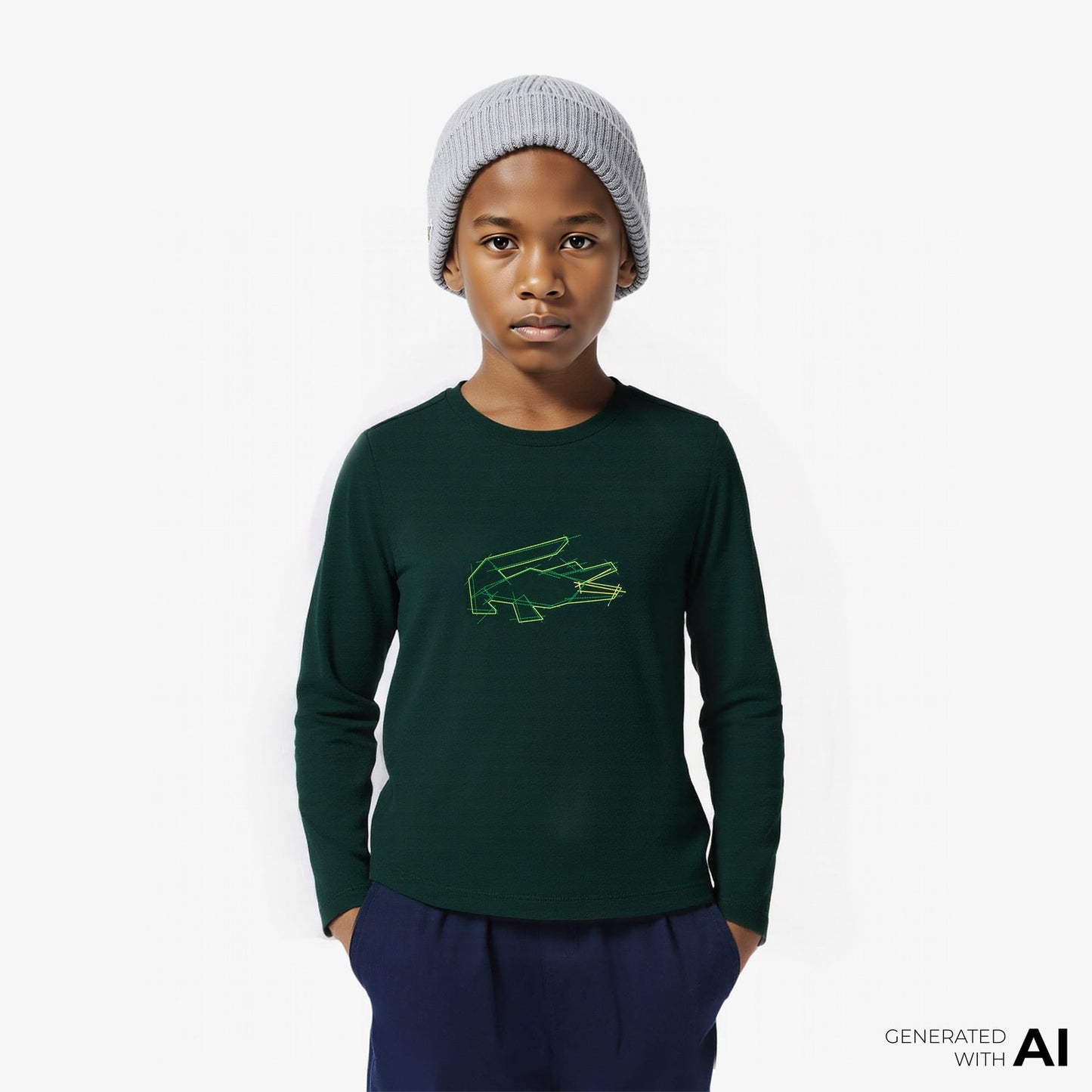 Lacoste Uzun Kollu Bisiklet Yaka Baskılı Çocuk Yeşil T-shirt