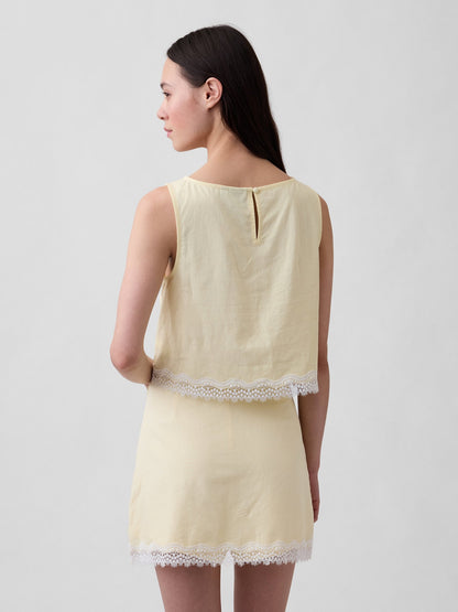 Sarı Keten Karışımı Dantel Kenar Crop Bluz