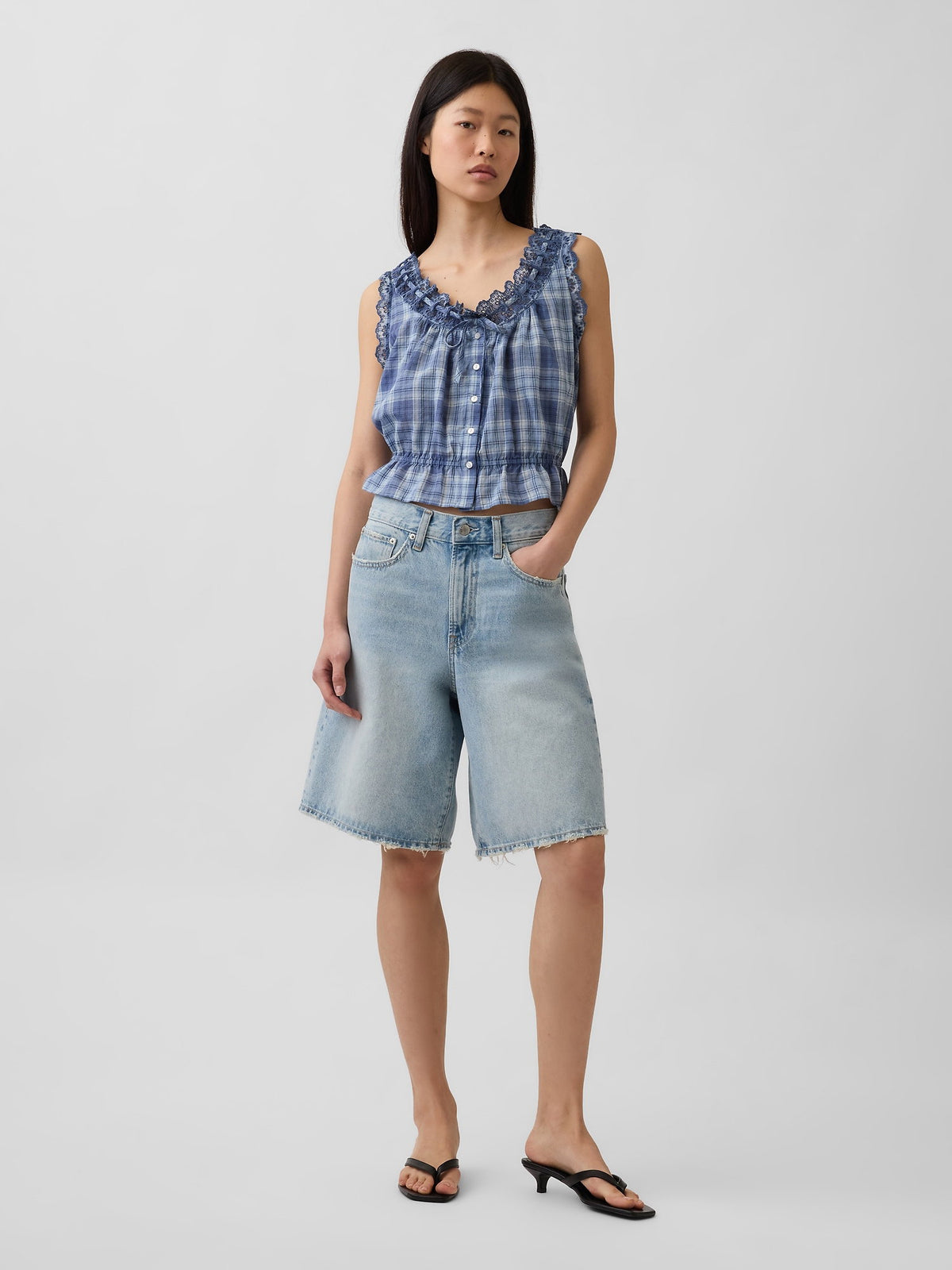 Mavi Eyelet Tie-front Crop Peplum Bluz