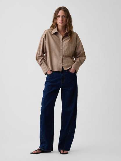 Beyaz Organik Pamuk Poplin Oversized Crop Gömlek