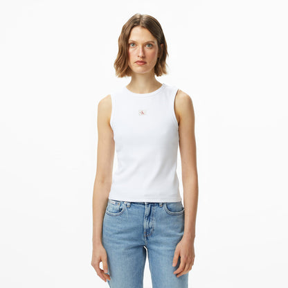 Calvin Klein Woven Label 2x2 Baby Rib Kadın Beyaz Kolsuz T-shirt