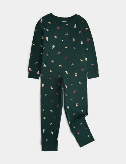 Saf Pamuklu Yılbaşı Desenli Pijama Takımı