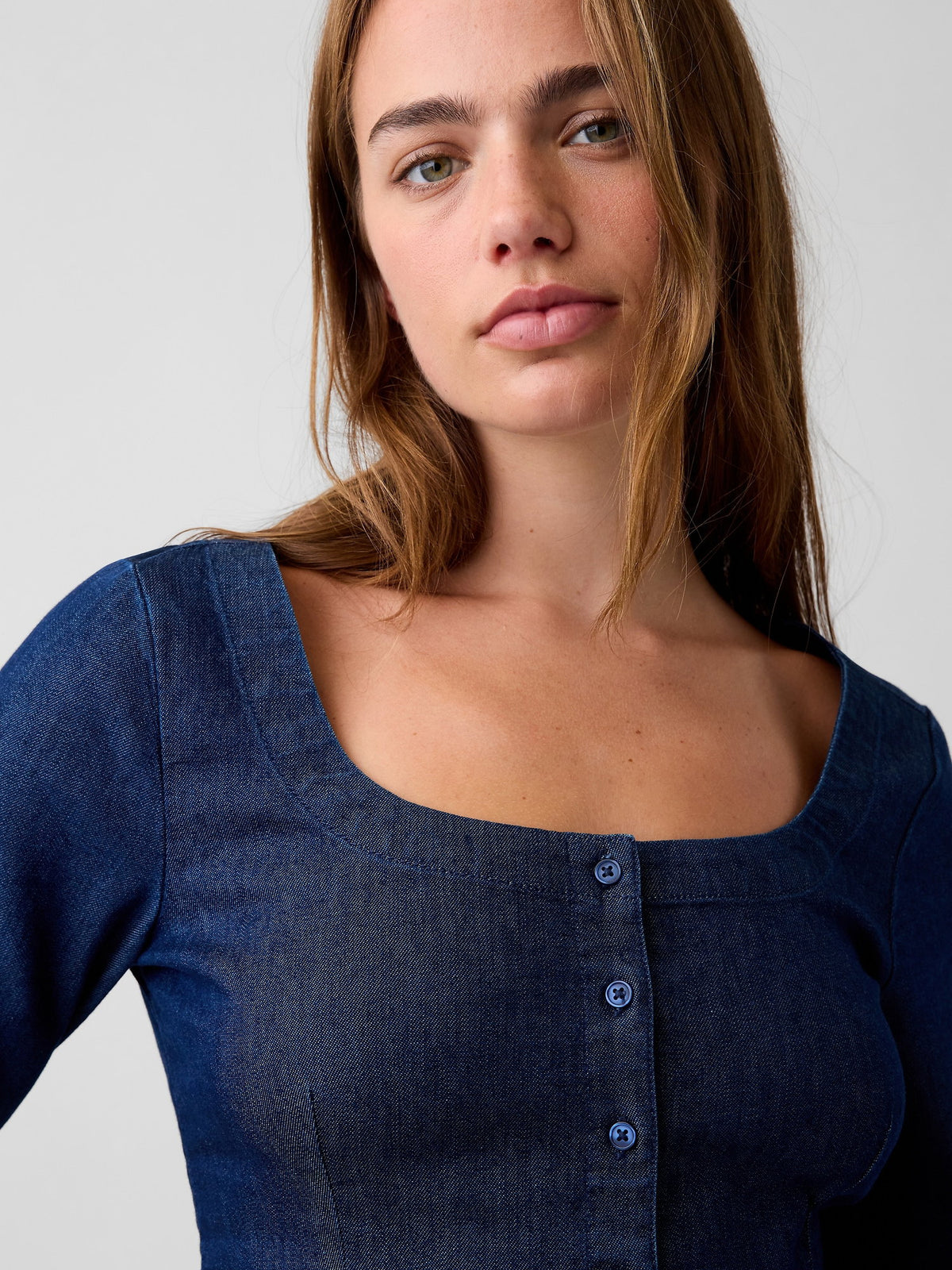 Koyu Mavi Denim Scoop Neck Gömlek