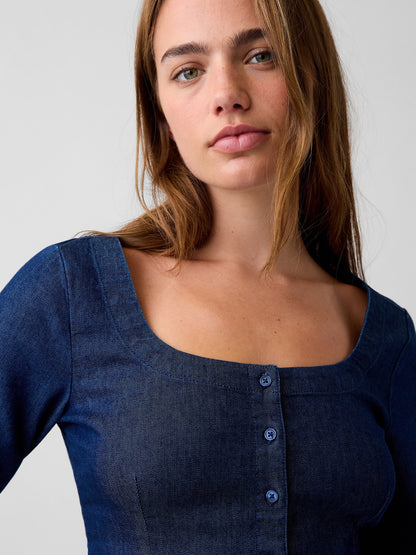 Koyu Mavi Denim Scoop Neck Gömlek