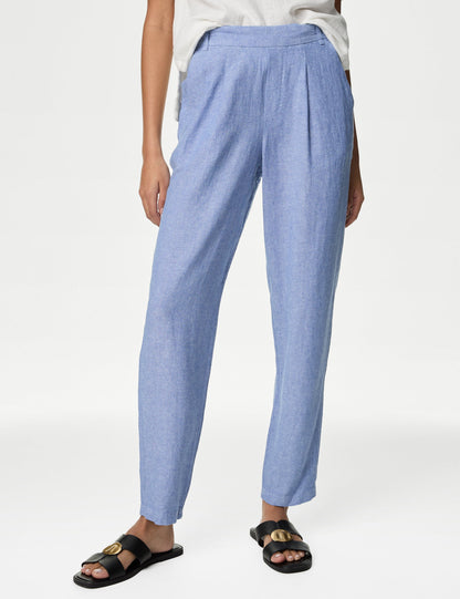Tapered Fit Yüksek Bel Keten Pantolon