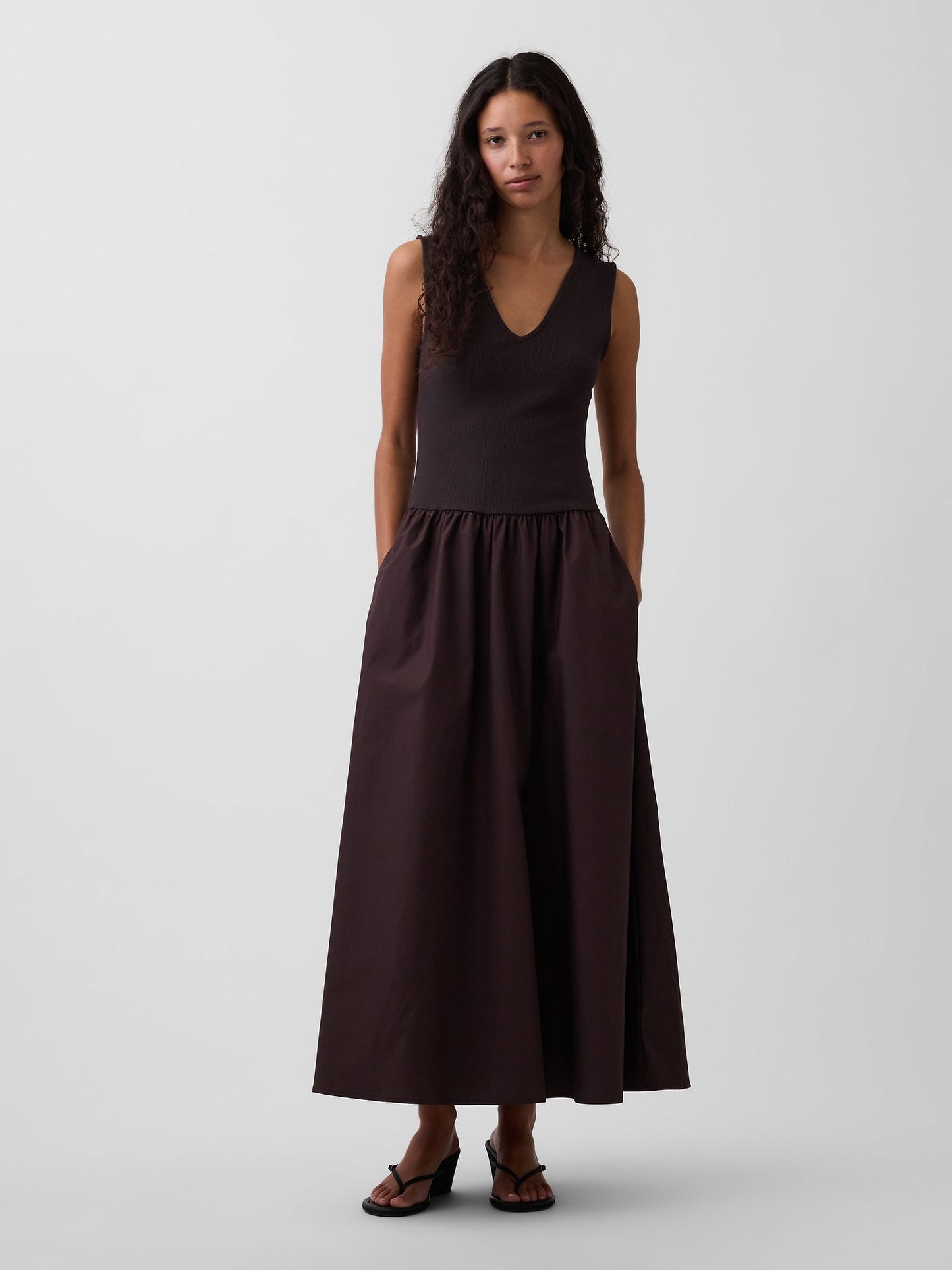 Kahverengi Mixed Media Drop-waist Maxi Elbise