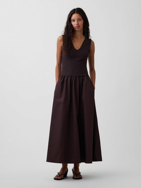 Kahverengi Mixed Media Drop-waist Maxi Elbise