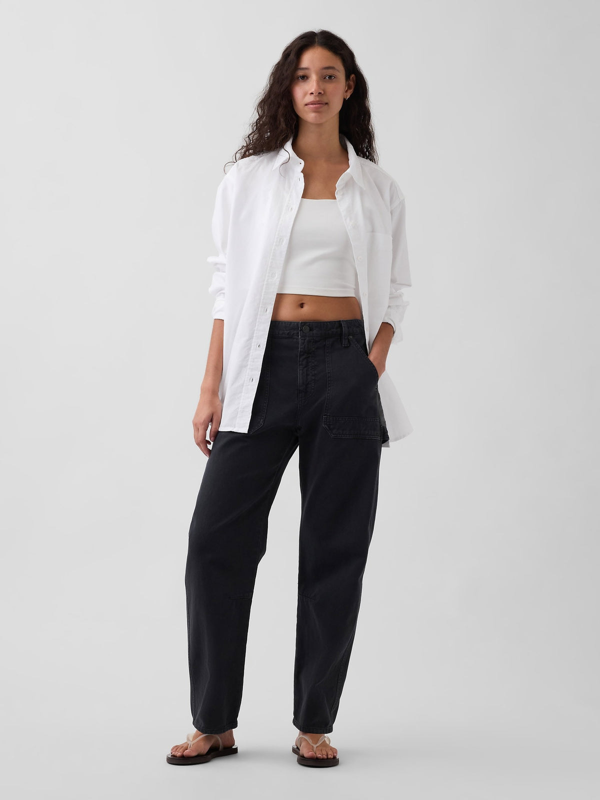 Siyah Mid Rise Barrel Utility Ankle Pantolon