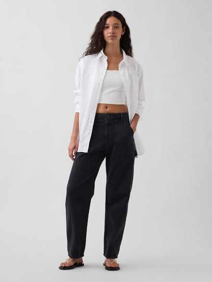 Siyah Mid Rise Barrel Utility Ankle Pantolon