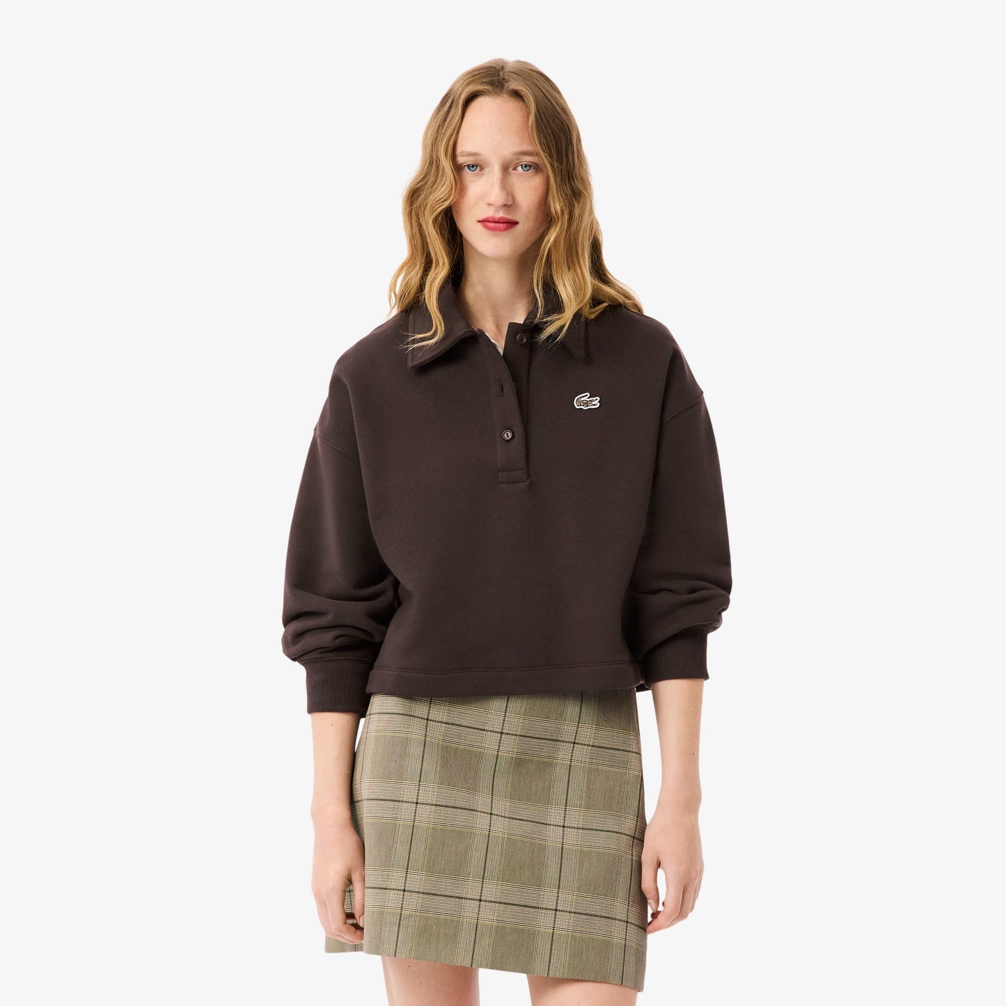 Lacoste Kadın Oversize Fit Polo Yaka Kahverengi Sweatshirt