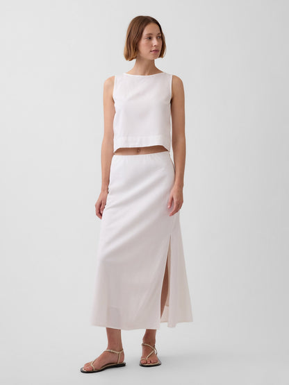 Beyaz Keten Karışımı Maxi Slip Etek