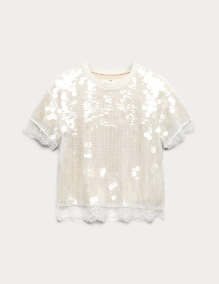 Payetli Tül Detaylı T-shirt