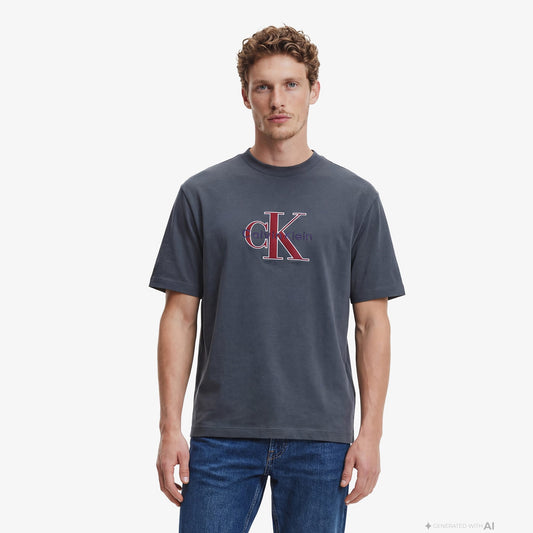 Calvin Klein Tricolor Monologo Graphic Erkek Mavi T-shirt