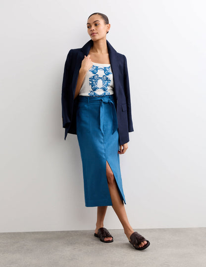 Keten Kemer Detaylı Midi Etek