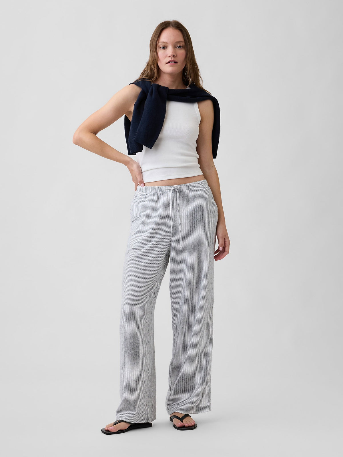 Lacivert Relaxed Keten Karışımlı Wide-leg Pantolon