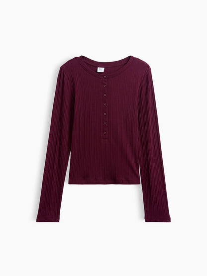 Bordo Çizgili Fitilli Henley T-shirt