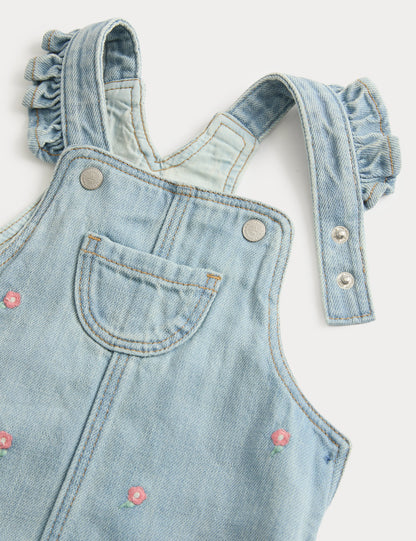 2 Parçalı Denim Işlemeli Salopet Elbise Takımı