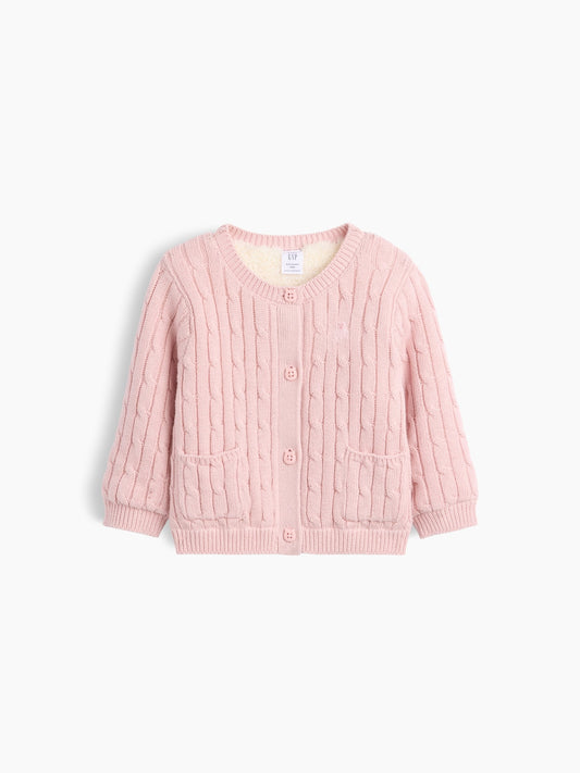 Pembe Sherpa Astarlı Cable Örgü Triko Kazak