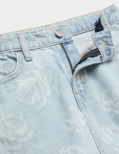 Gül Desenli Denim Etek
