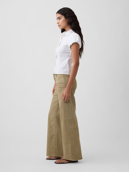 Bej Mid Rise Wide-leg Jean Pantolon